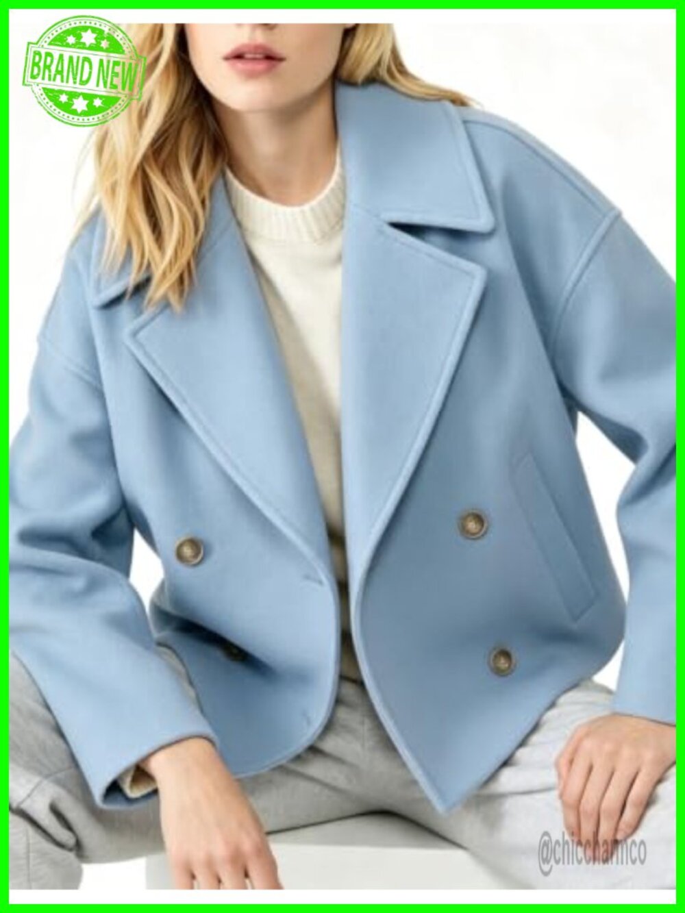 Cropped Pea Coat Double Breasted Wool Blend Notched Lapel - Picture 5 of 6